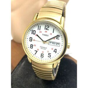 Timex Men's Watch T2N092 Indiglo White Dial Quartz Gold Tone Expansion Band 35mm